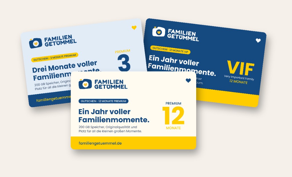 Familiengetümmel-Gutscheine: 3 Monate Premium, 12 Monate Premium und 12 Monate VIF