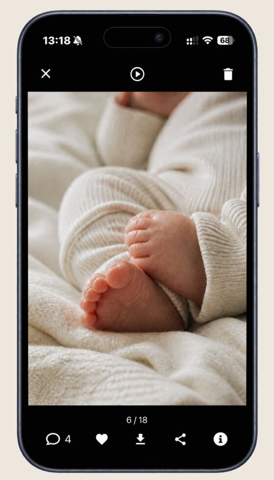 Familiengetümmel-App: Einzelbild mit Herz und Kommentaren im privaten Familienalbum