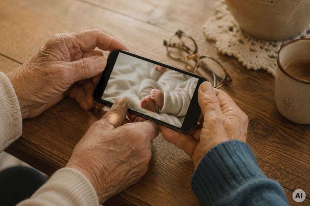 Hände von Oma und Opa halten ein Smartphone mit einem Familienfoto, Sinnbild für die einfache Bedienung