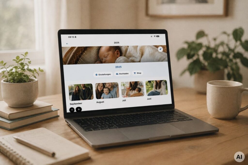 Aufgeräumtes digitales Familienalbum auf einem Laptop, sortiert nach Ordnern