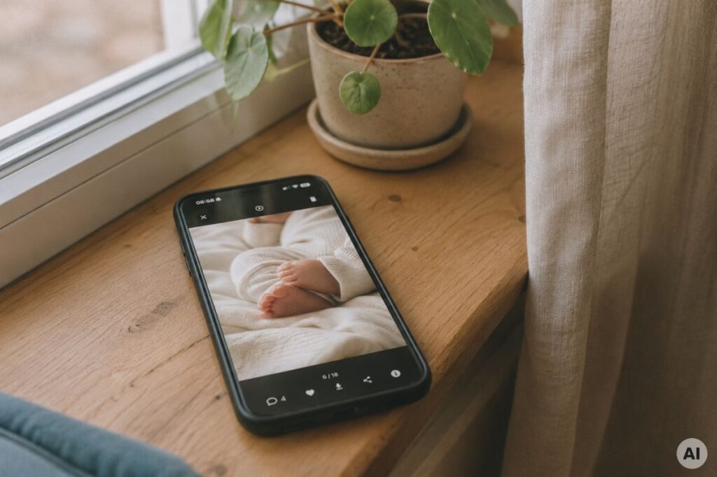 Smartphone mit Familienfoto auf einer Fensterbank, Sinnbild für sicher gespeicherte Daten auf deutschen Servern