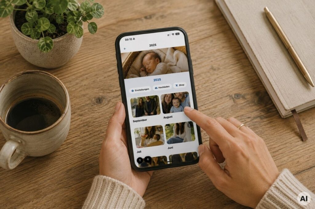 Hand wählt am Smartphone einen von mehreren Foto-Ordnern aus, Sinnbild für Kontrolle über die Sichtbarkeit
