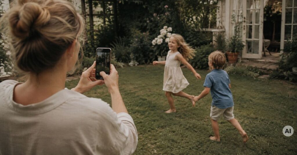 Elternteil fotografiert spielende Kinder im Garten und hält einen Familienmoment fest