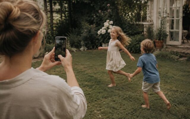 Elternteil fotografiert spielende Kinder im Garten und hält einen Familienmoment fest