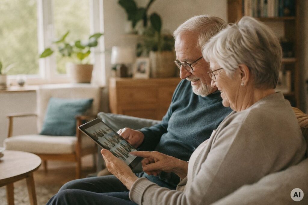 Oma und Opa schauen gemeinsam Familienfotos auf einem Tablet an