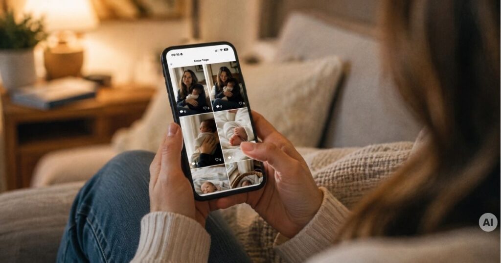 Elternteil schaut abends private Familienfotos in der Familiengetümmel App an, der DSGVO-konformen FamilyAlbum Alternative