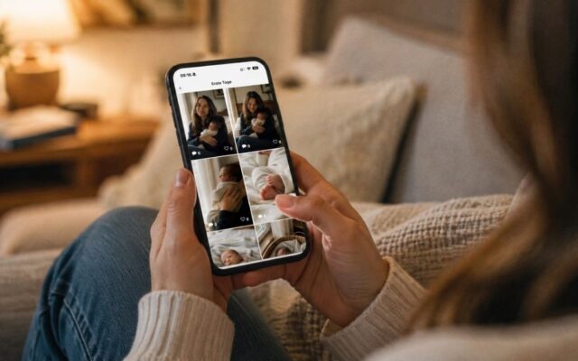 Elternteil schaut abends private Familienfotos in der Familiengetümmel App an, der DSGVO-konformen FamilyAlbum Alternative