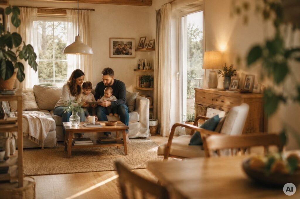 Familie verbringt Zeit zusammen zuhause, Sinnbild für den privaten Familienkreis statt öffentliches Social Media