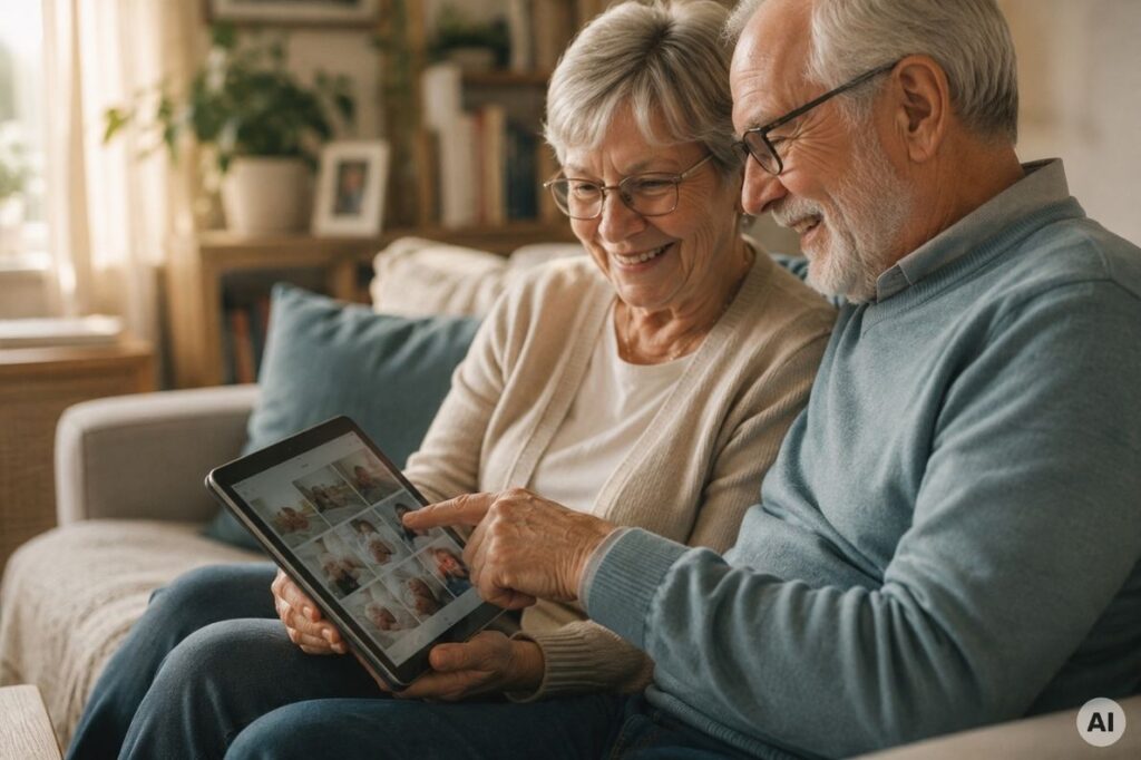 Oma und Opa schauen gemeinsam Familienfotos auf einem Tablet an
