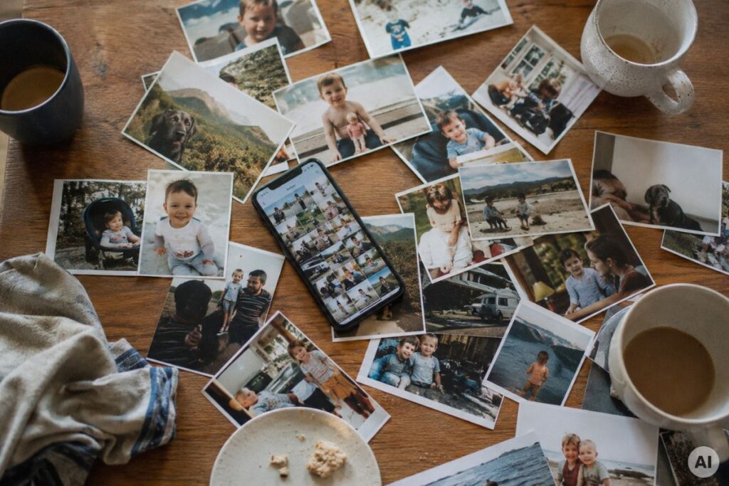 Smartphone und viele verstreute Fotos auf einem Tisch als Sinnbild für unübersichtliches Teilen