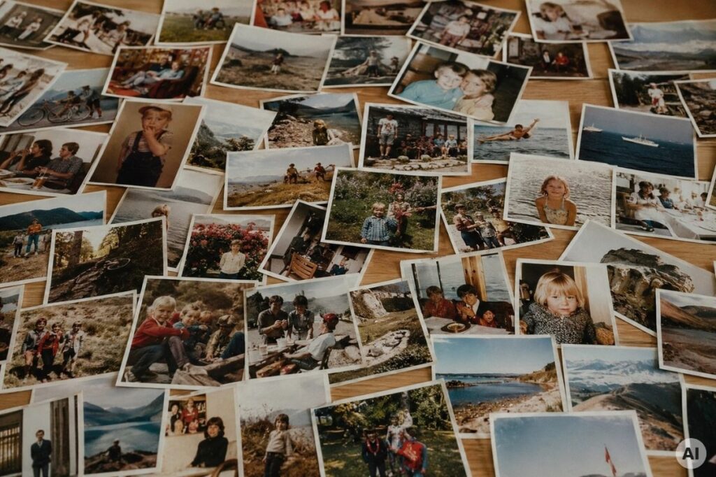 Viele Familienfotos als Abzüge auf einem Tisch, Sinnbild für unbegrenztes Hochladen ohne Limit